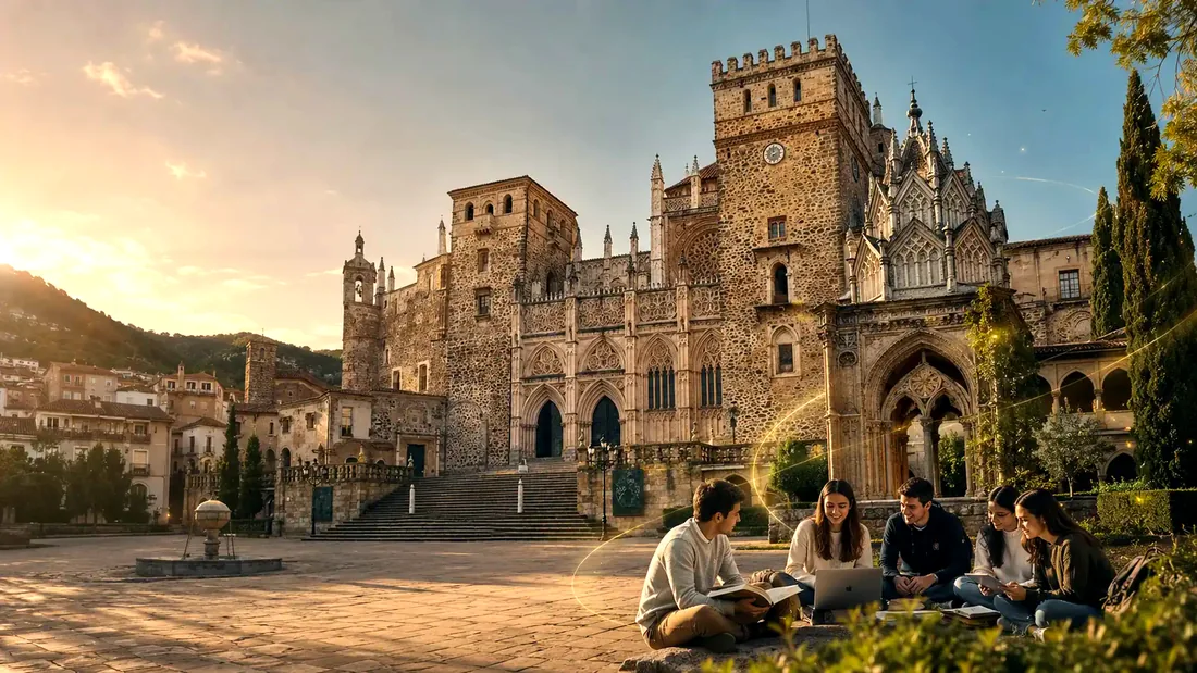 Estudiantes ante el Real Monasterio de Nuestra Señora de Guadalupe